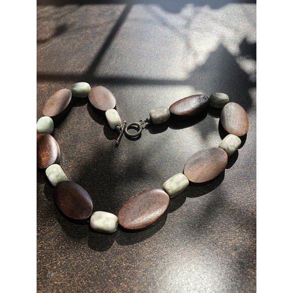 Jasper Stone Green Wood Beaded Necklace Artisan Earthy Boho Handmade Peace Stone - Picture 2 of 7
